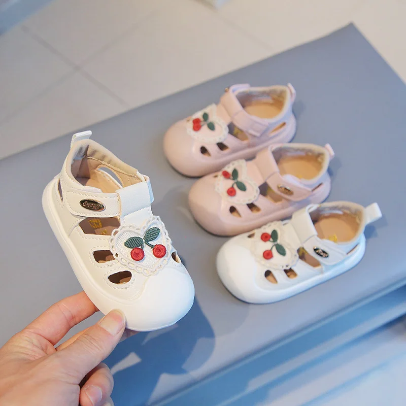Girls Wrap Head Sandals Soft Bottom Non-slip Velcro Toddler Shoes Sweet Cherry Baby Shoes Hollow Soft Bottom Princess Shoes