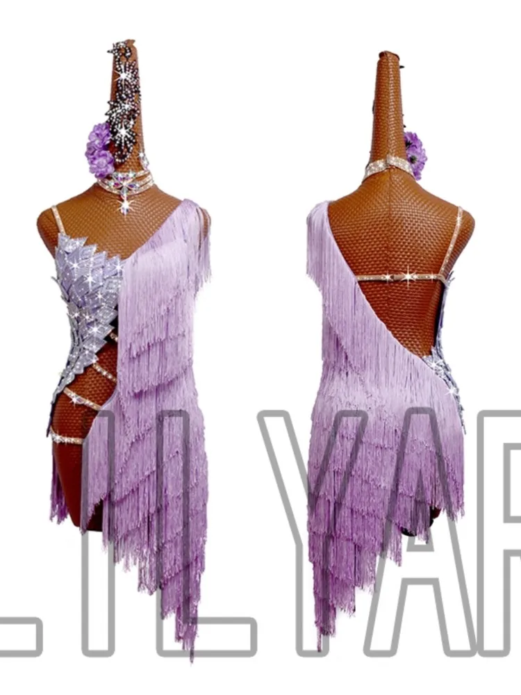 

New Latin Performance Competition Dress Women's High End Light Purple Tassel Sparkling Diamond Customized Dance Skirt