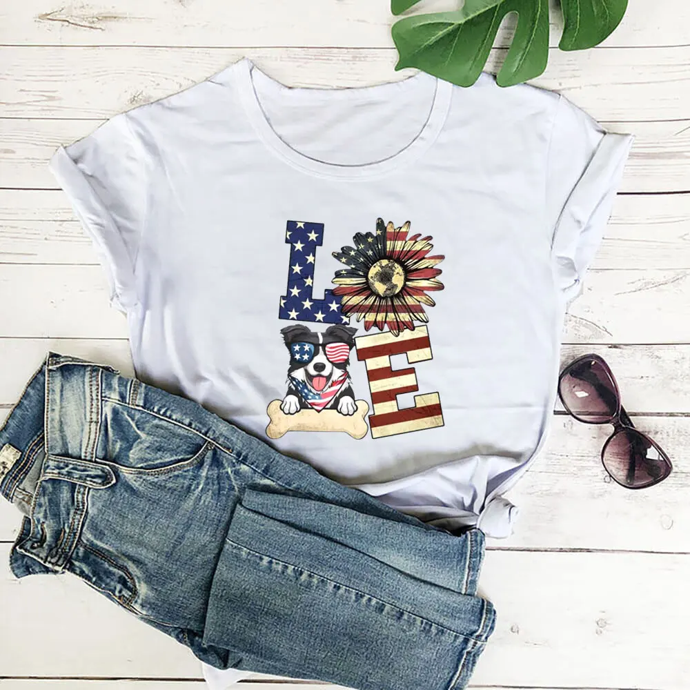 

Love Dog Sunflower New Arrival 4th of July Shirt 100%Cotton Women Tshirt Dog Lover Funny Summer Casual Short Sleeve Top Tee