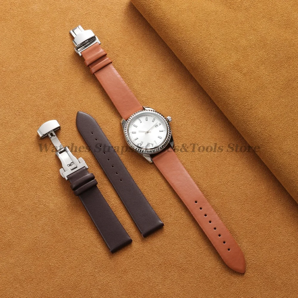 Luxurious Soft Calfskin Leather Watch Strap with Butterfly Buckle - Universal Fit