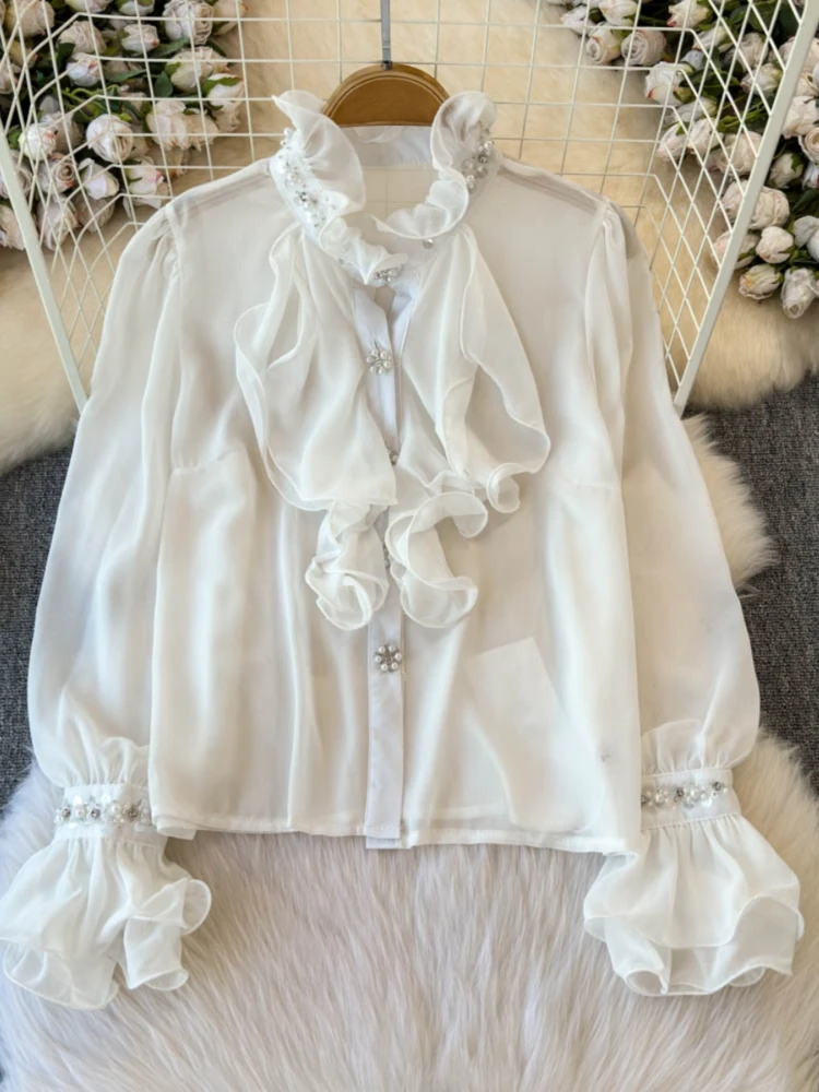 Fashion Vintage Shirts Ruffles Heavy Beading Stand Neck Puff