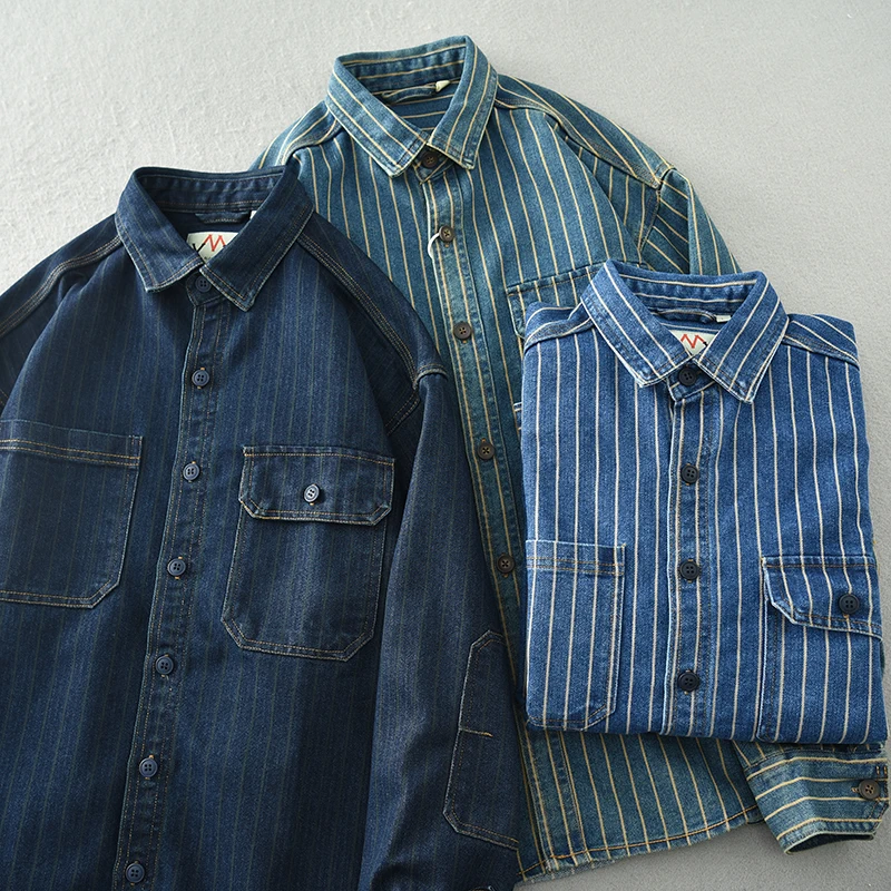 Heavy vintage washed vertical stripe denim shirt men's loose size cotton long sleeve shirt jacket