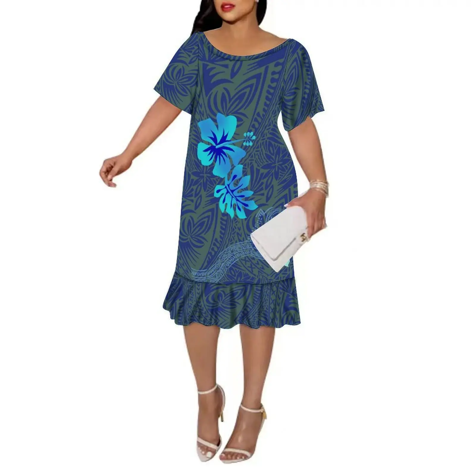 

New Design Women'S Dress Hawaiian Party Elegant Dress Set Polynesian Island Style Dress Short Sleeve Long Dress