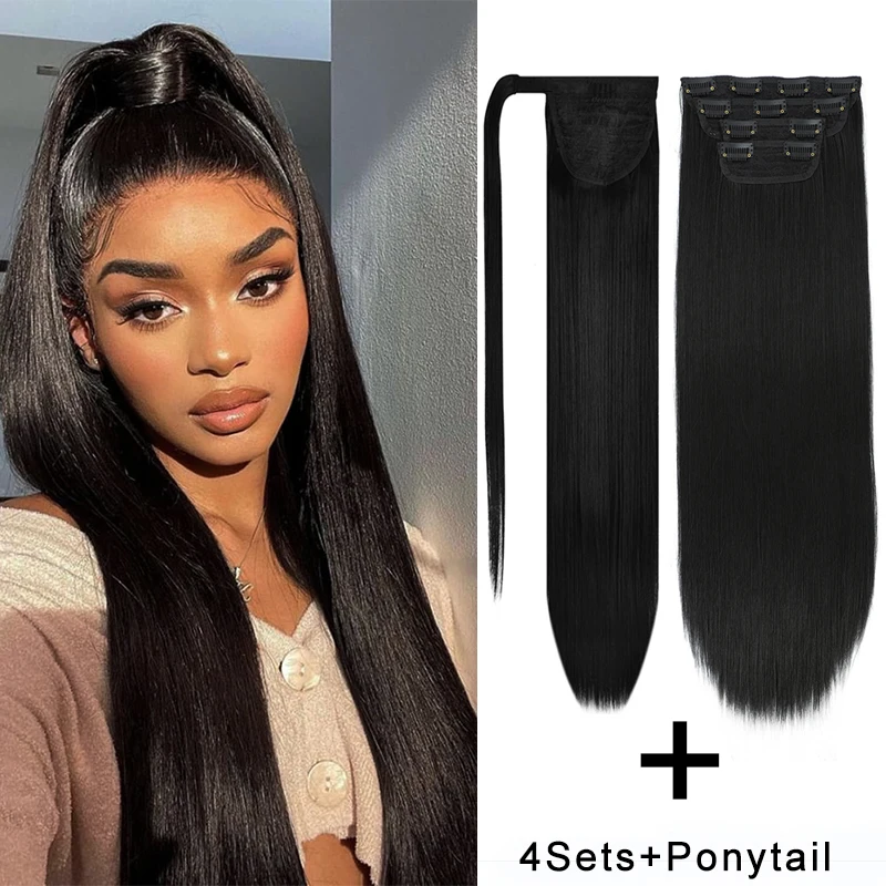 Straight Clips in Hair With Ponytail Hair Extensions for Women