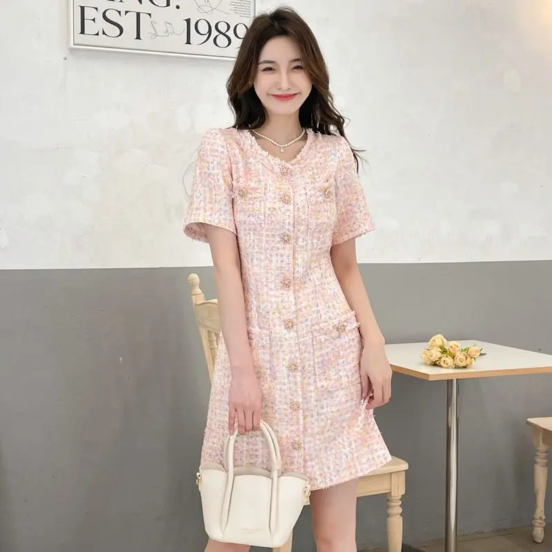 2025 봄 여름 가을 트위드 스웨터 드레스 반팔 스위트 슬림핏 핑크 다용도 데이투나잇 드레스 ?