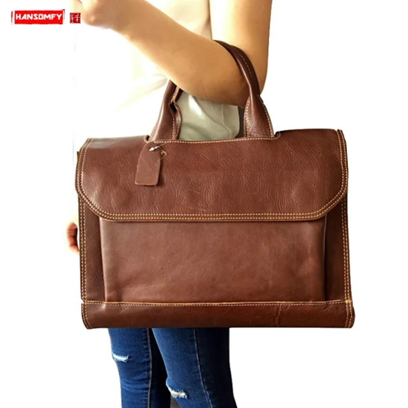 

2019 New Genuine leather Women's briefcase female 14 inch laptop handbag large-capacity shoulder bag business crossbody bags