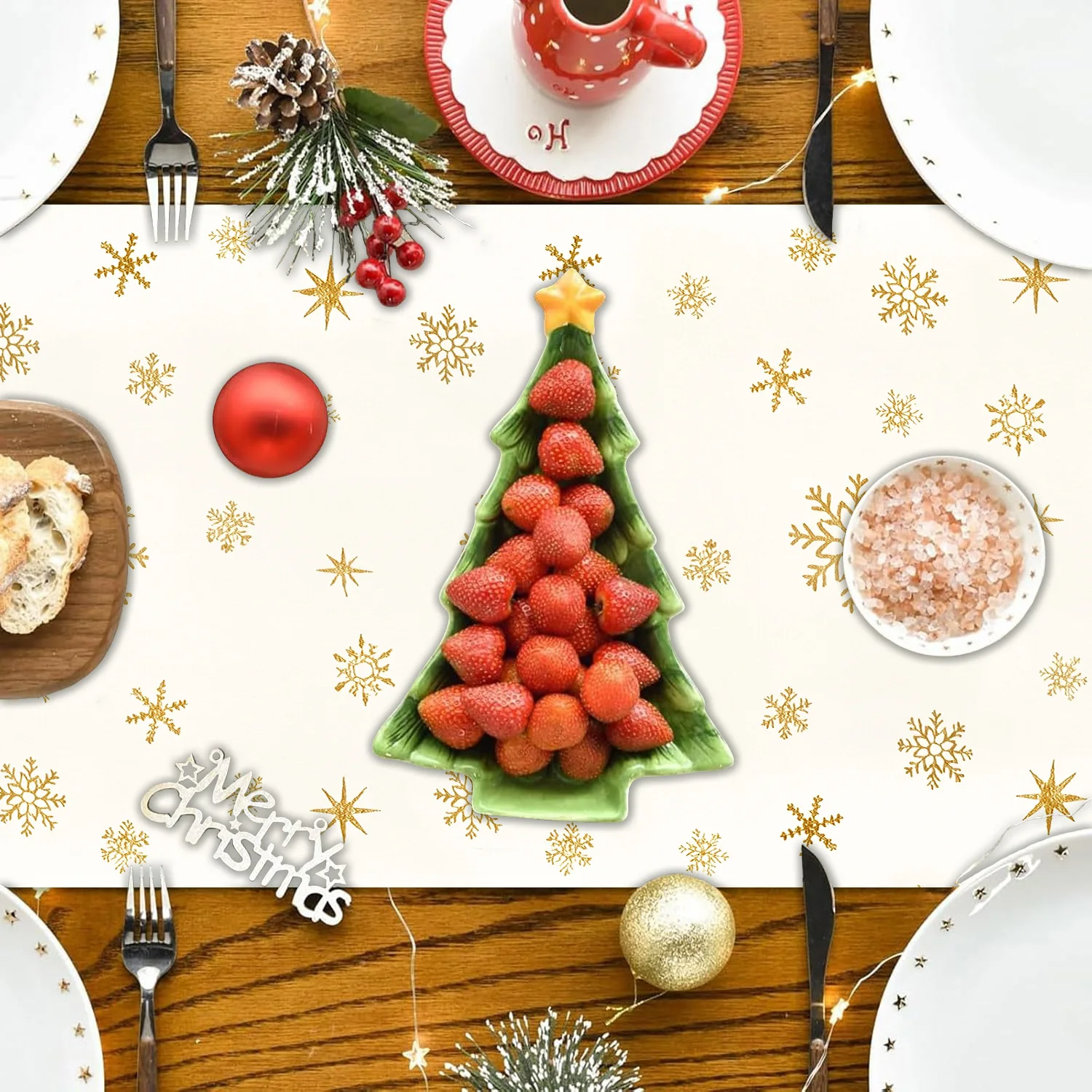 Weihnachtlicher Tischläufer aus Polyester/Leinen in Gold – ideal für Weihnachtsfeiern, Partys, Schneemann-, Elch- und Blumendekoration, winterliche Tischdekoration, Geschenkidee_voghion.com