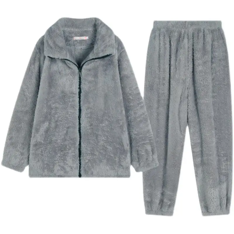 Couple Pajamas Women Autumn and Winter Coral Fleece Warm Suit Flannel Plus Velvet Thickening Men and Women's Home Service