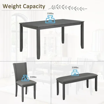 Farmhouse Kitchen Table Set for 6, 6-Piece Dining Table Set with Bench and Chairs, Wooden Dining Table Set for 6 People, Rustic 6