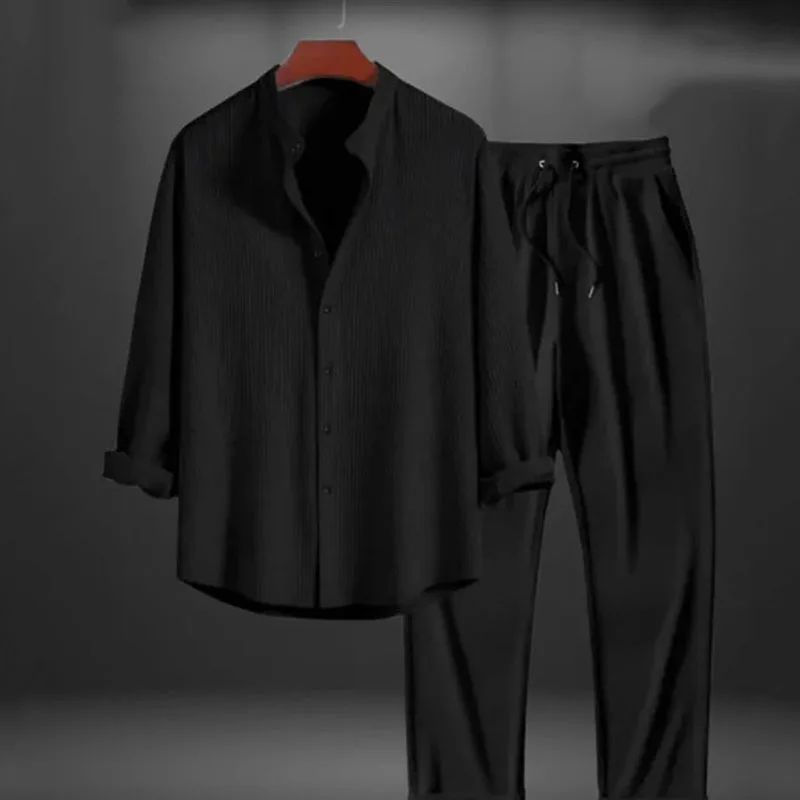 Two Pieces Single Breasted Shirts Men Sets Blouses Solid Drawstring Straight Ankle Length Pants Casual Sports Loose Pockets