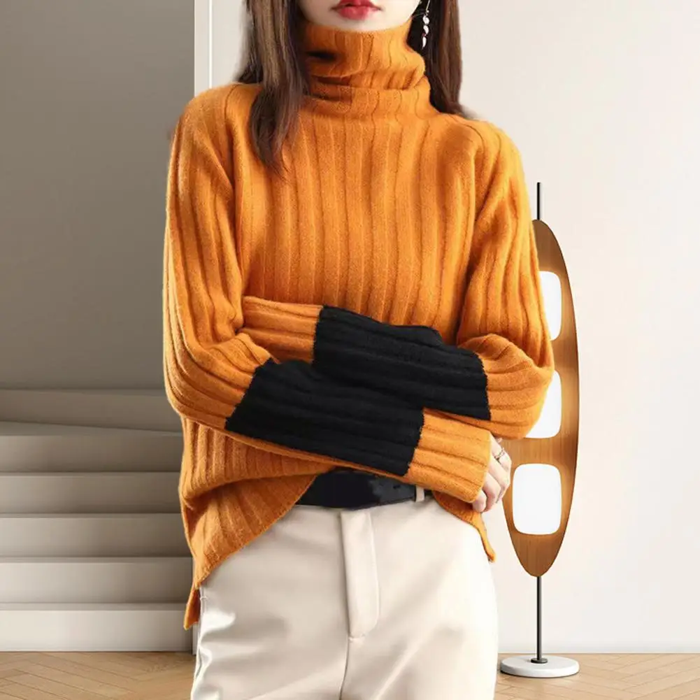 

Women Winter Autumn Sweater Turtleneck Neck Protection Knitted Warm Thick Soft Pullover Color Block Patchwork Plush Lady Sweater