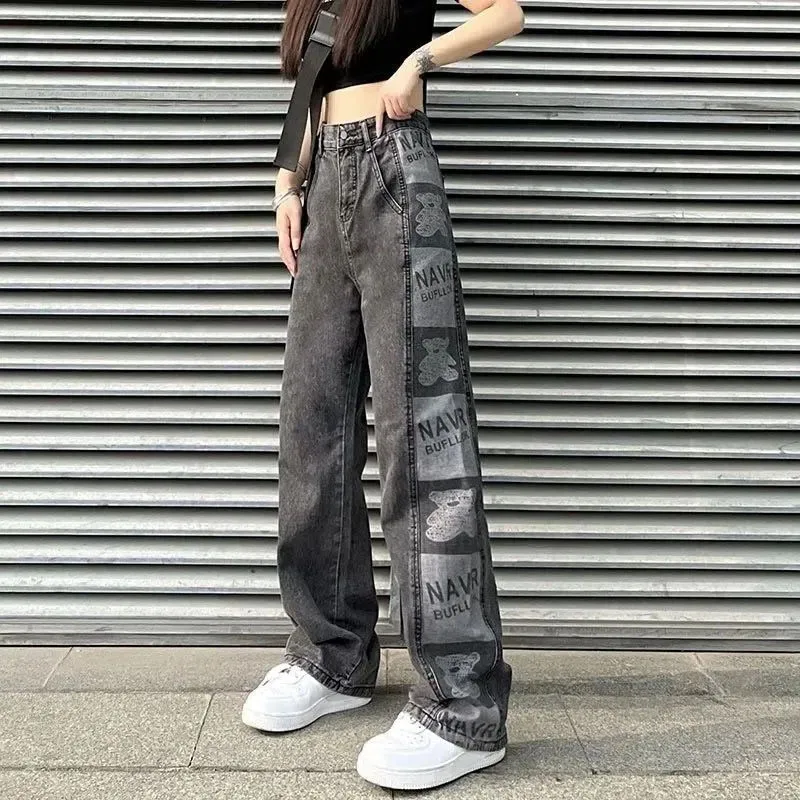 

Женские уличные джинсовые брюки MEXZT Y2K с принтом, прямые джинсы с высокой талией в стиле Харадзюку, широкие брюки в стиле хип-хоп, состаренные брюки