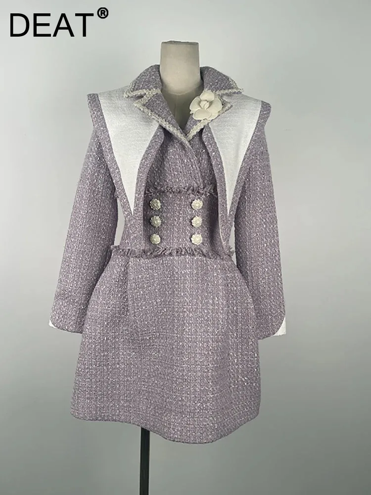 

DEAT Fashion Shawl Notched Collar Dress For Women 3D Flower Tweed Contract Color Burr Elegant Dresses 2024 Spring New 13DB4259