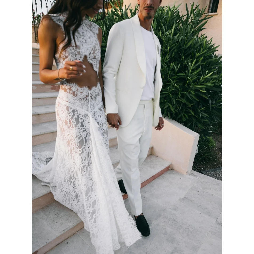 Rebecca Customized High Neck Sweep Train Prom Dress All‑Over Floral Lace vestidos de noche Crop‑Top Cut‑out Evening Dresses 2026