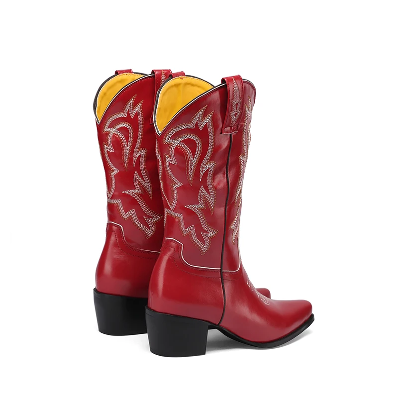 Women's Cowboy Western Boots Embroider Wide Calf Leather Casual Shoes 2024 Autumn Winter Red Black Comfy Chunky Heels Footwear