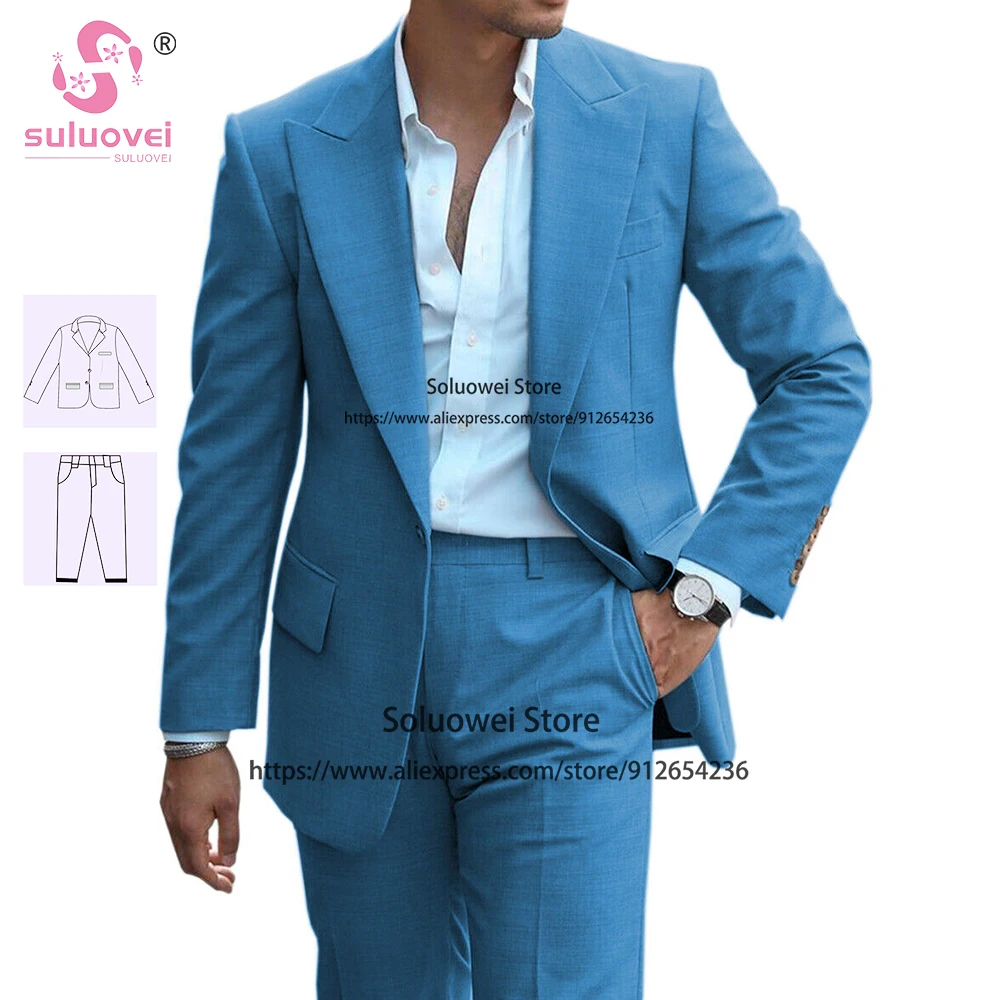 Fashion Peaked Lapel Suits For Men Slim Fit Business 2 Piece Pants Set Formal Grooms Wedding One Button Tuxedos Blazer Masculino