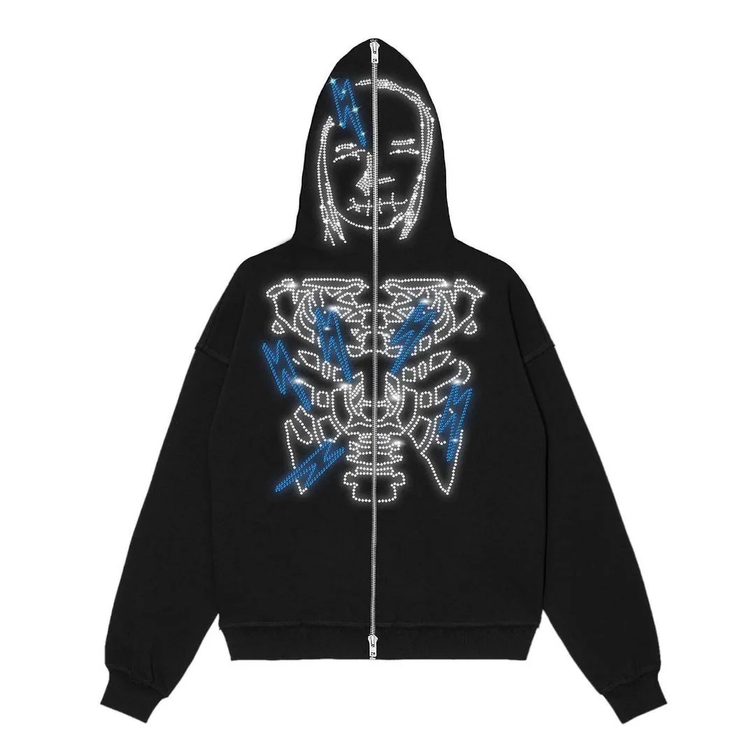 

Mens Hip Hop Joggers Sweatshirt Fashion Punk Sport Coat Pullover Skull Graphics Gothic Oversized Full Zip Hoodie Y2k Jacket Men