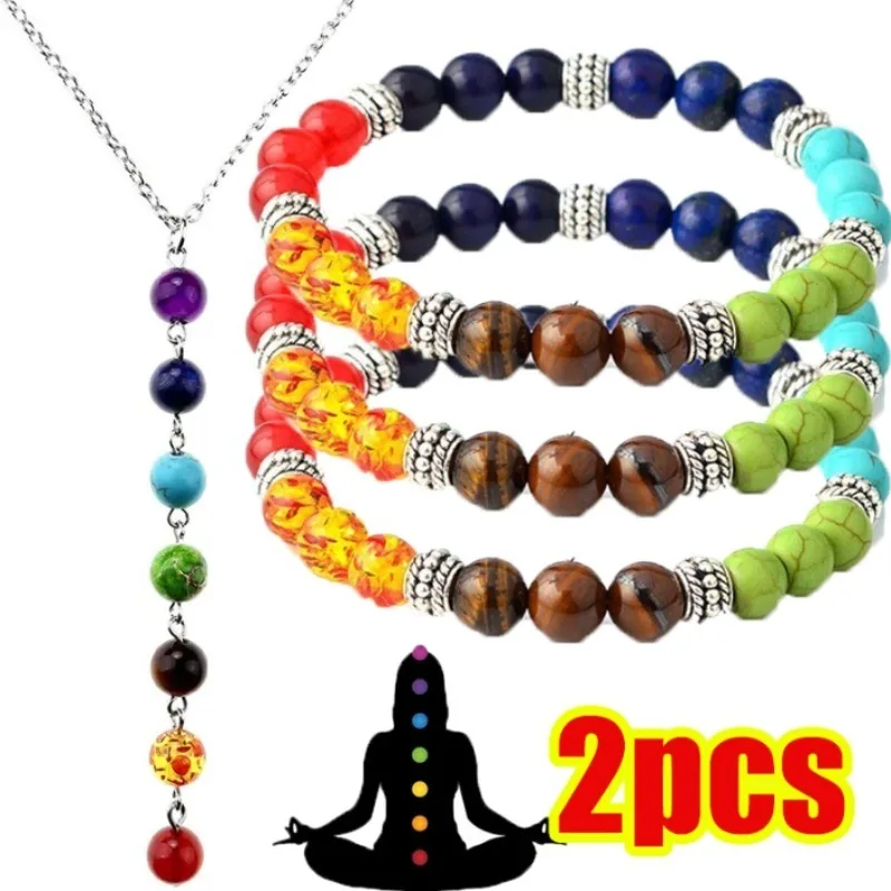 7 Chakra Reiki Kraal Hanger Ketting Yoga Energie Sieraden Healing Balans Natuursteen Choker Armband Sieraden Set Voor Vrouwen Mannen