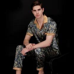 Sexy Robe Dressing Gown Ice Silk Silk Men's Pajamas Two-Piece Suit Half Sleeve Trousers Homewear