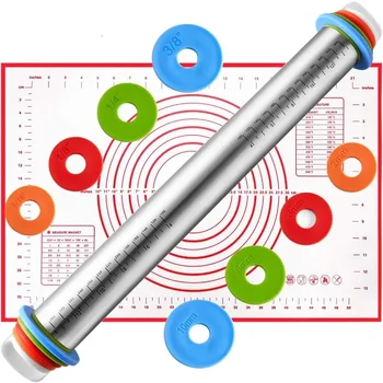 Stainless Steel Adjustable Rolling Pin/mat，Fondant Rolling Pin Cake Roller Dough Rolling Pin dough roller Kitchen Accessories