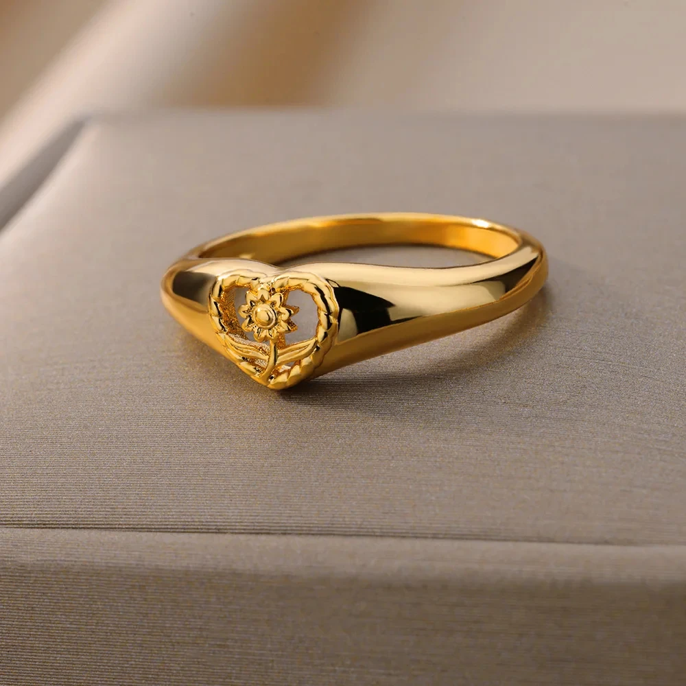 Sunflower Heart Rings For Women Gold Color Stainless Steel Finger Ring