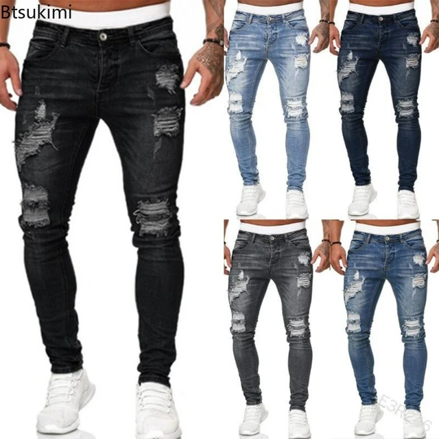New Streetwear Black Ripped Jeans Men Skinny Slim Fit Blue Hip Hop