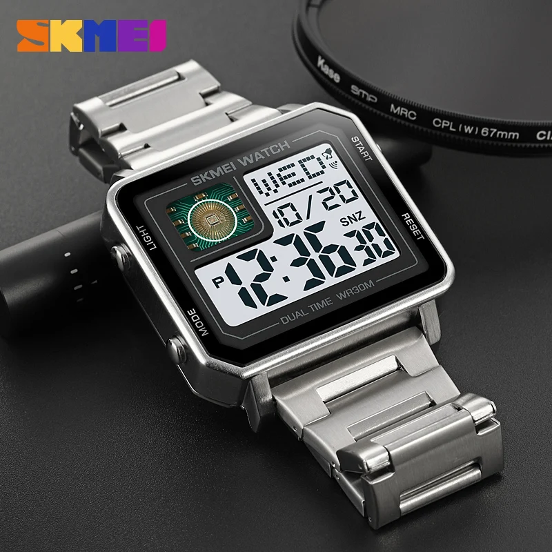 SKMEI Fashion Men Watch Full Steel Digital Sport Watch 2Time Waterproof Calendar Alarm Clock Luxury Military Wristwatch For Men