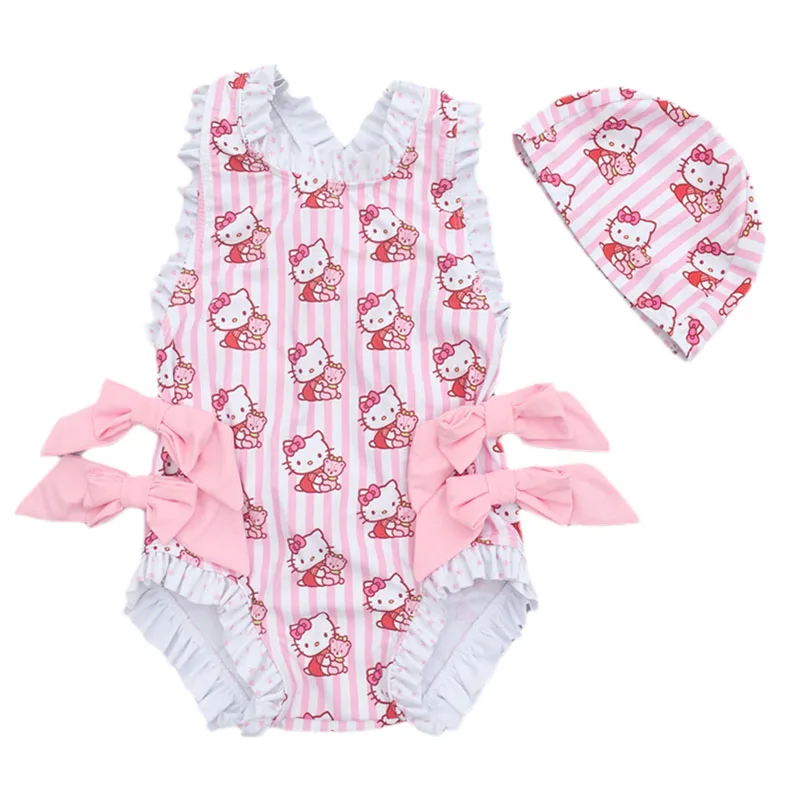 

Слитный детский купальник с милым рисунком Hello Kitty для защиты от солнца, милый купальник для девочки с аниме Sanrioed, милый купальник с сердечками, шапочка для плавания