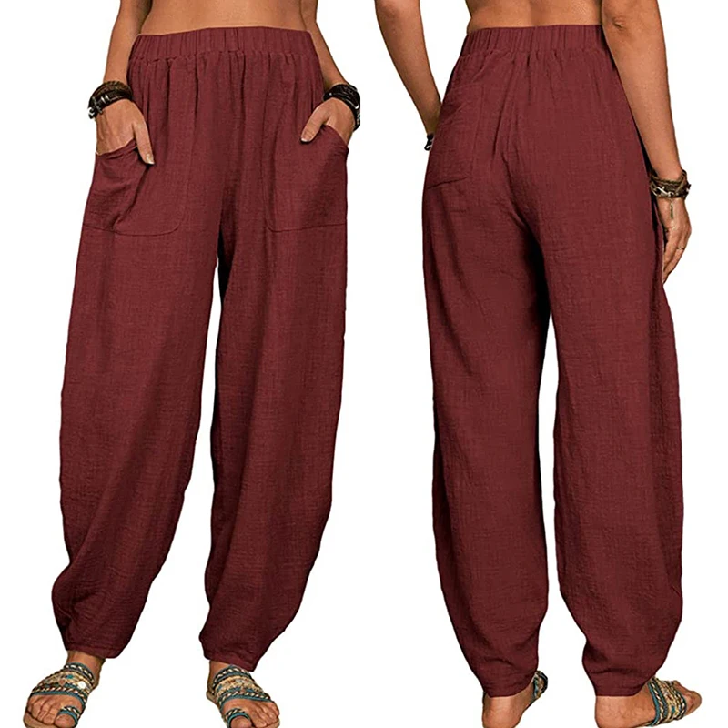 

New Women Haren Pants Summer Casual Vintage Cotton Linen Pants Elastic Waist Wide Leg Retro Loose Pockets Female Beach Trousers