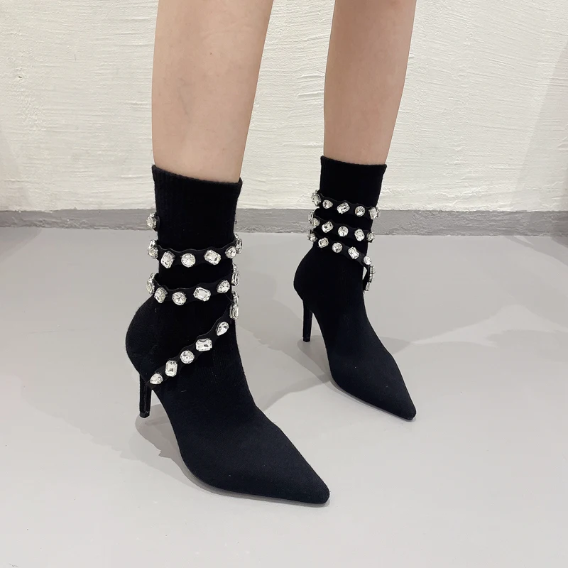 

11cm or 8cm Stiletto Heels Black Boots Luxury Crystal Belt Cross Ankle Boots Fall Elastic Socks Womens Shoes Bottine Femme