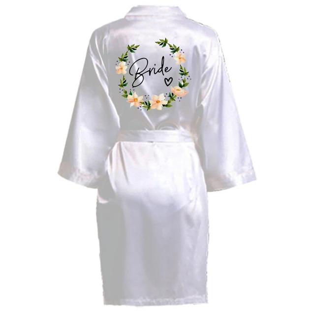 Wedding Party Team Bride Robe With Black Letters Kimono Satin Pajamas Bridesmaid Bathrobe SP003 White4