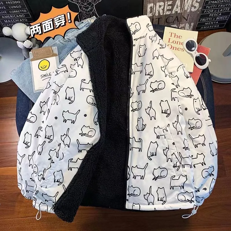 Y2K Fashion Autumn And Winter American New Printed Lambswool Double-sided Coat Men And Women Vintage Gothic Trend Casual Coats 6