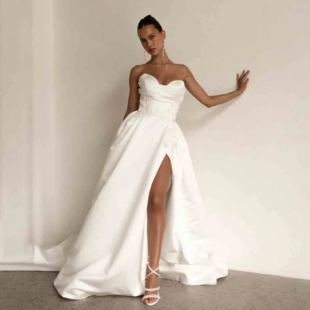 

Simple Off the Shoulder Satin Pleated Wedding Dress for Women A-line Court Wedding Party Gown with Side Slit свадебное платье