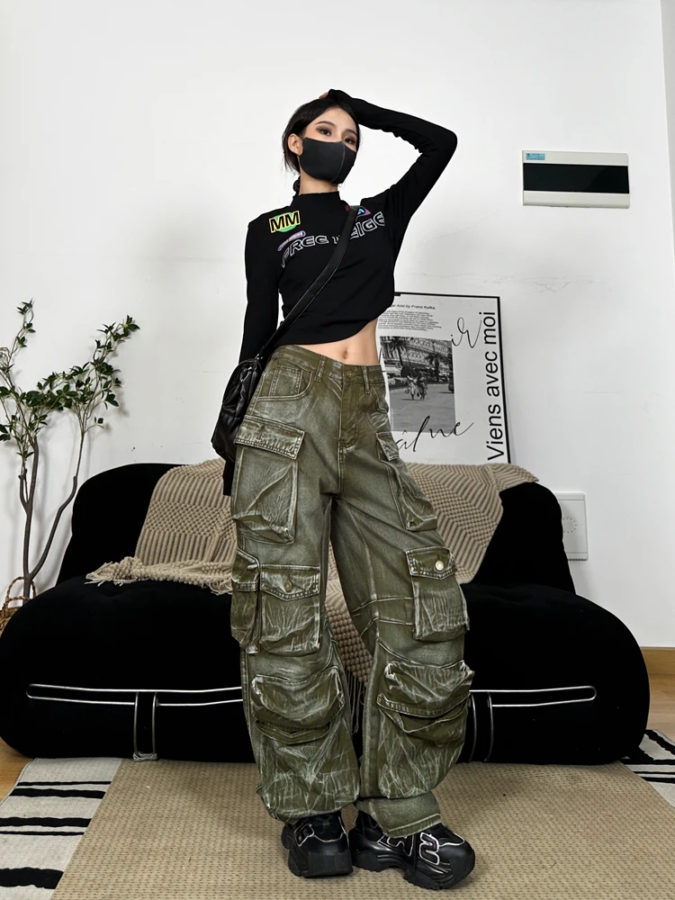 Women's Jeans High Waist Pleated 3d Multiple Pockets Straight Wide Leg Cargo Denim Pants 2023 Winter New Fashion