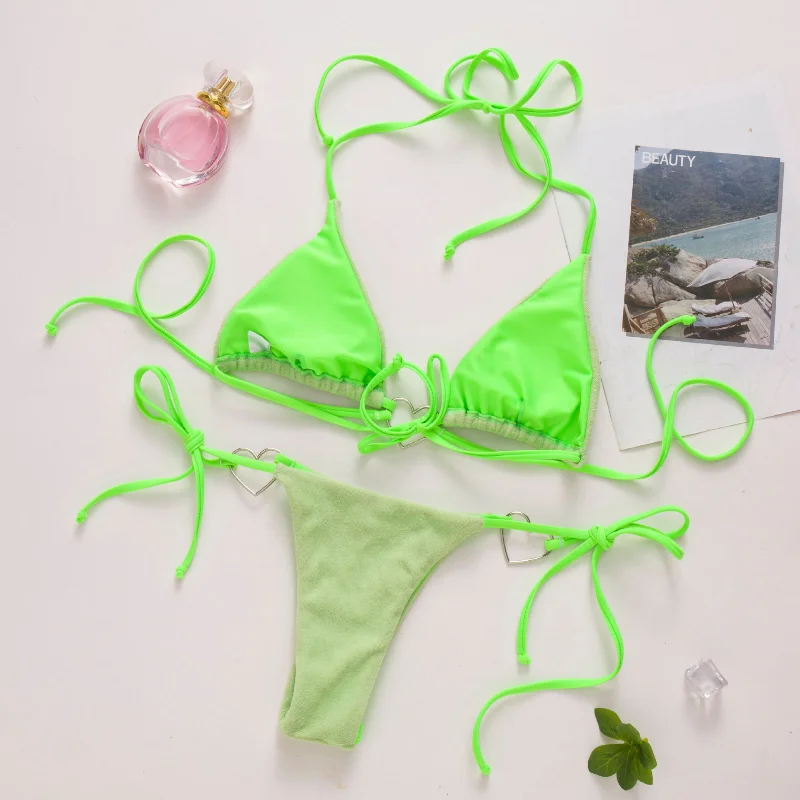Bikini Set for Ladies Bright Colors Triangle Cup Strappy Design with Love Metal Buckle Side Tie Beachwear with Split Cut