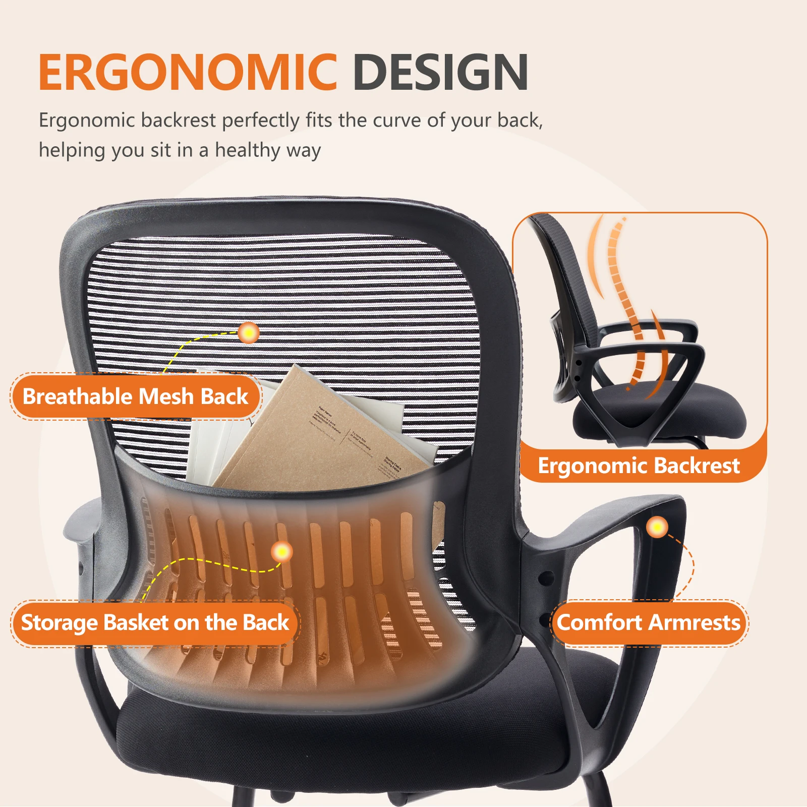 JHK Ergonomic Office Chair No Wheels with Comfy Armrest and Mesh Lumbar Support Back Basket Design for Guest Reception 4