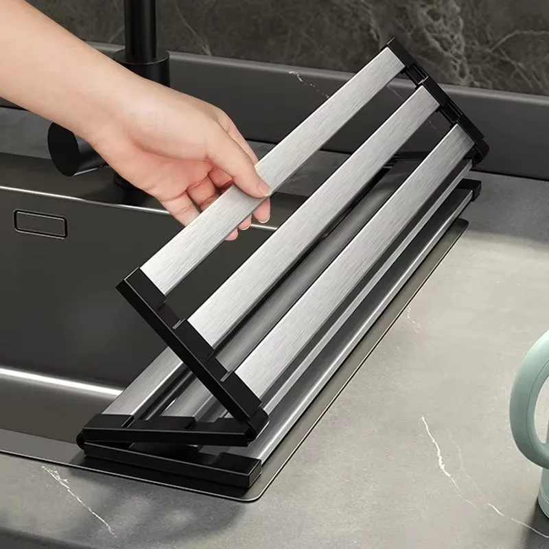 1pcs Kitchen Sink Draining Rack 304 stainless steel Square Tubes Dish Rack Can Folded Fruit And Vegetable Dishes Filter Shelf