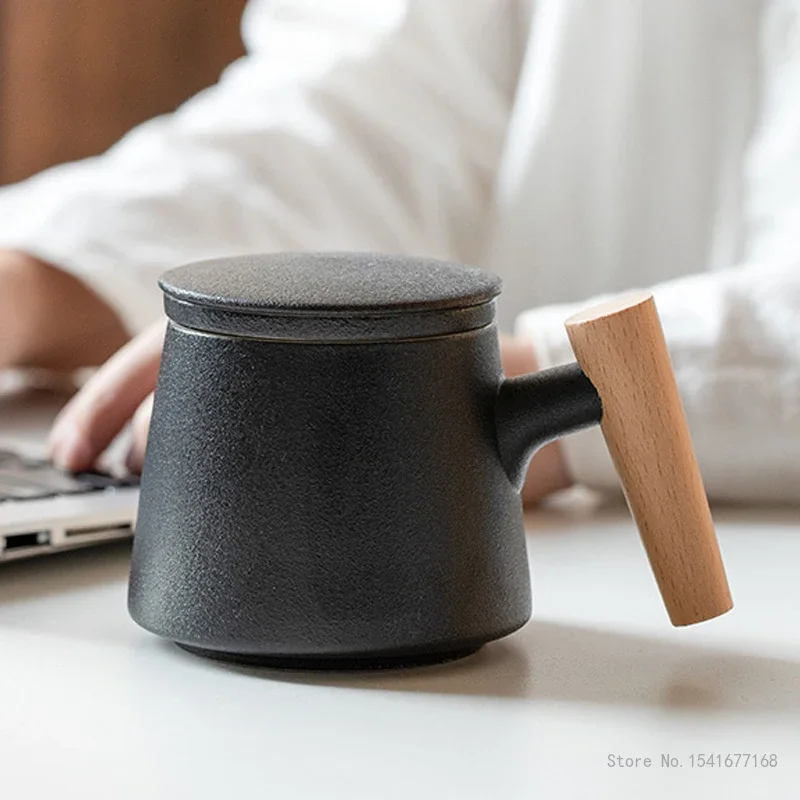 Creative Ceramic Mug with Wooden Handle, Filter Screen, Tea Water Separation, Black, White, Green, Home, Office Cup, 1Pc