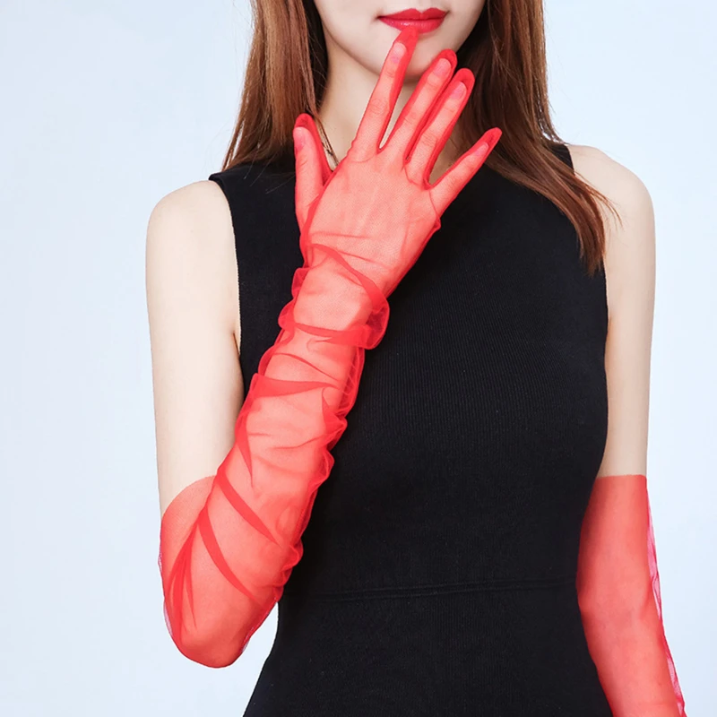 Long Sheer Tulle Wedding Gloves - Ultra Thin Stretchy Full Finger Mittens