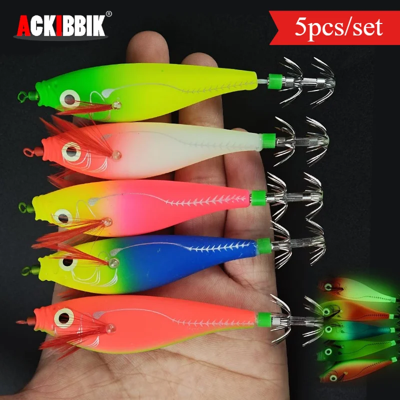 5 leurres calmar lumineux horizontal glow jig pêche mer appât crevette et calmar