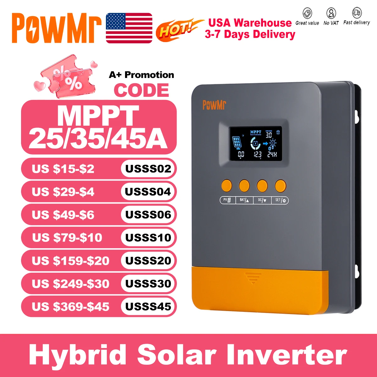PowMr USA 25A 35A 45A MPPT Solar Charge Controller 12V 24V Auto for 100V Panel Intelligent Regulator Lead-acid/Lithium Battery