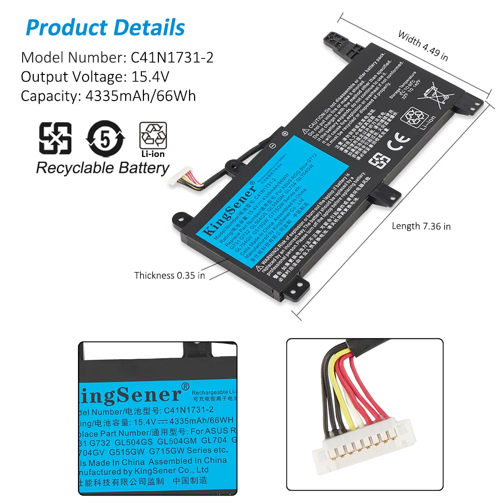 Bateria do Portátil de Kingsener C41n1731 para Asus Rog Strix Cicatriz Herói ii G712 G732 G731 Gl504gw Gl504gm Gl704 Gl704gw Gl704gv - Imagem 3
