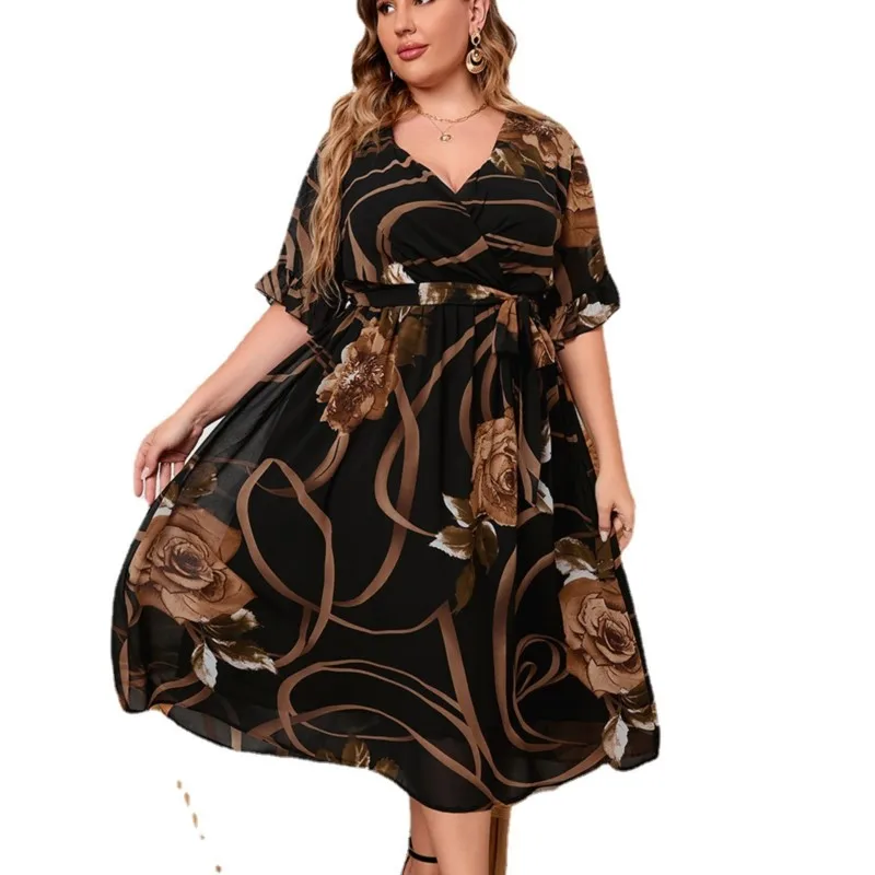 

Модное женское платье в европейском и американском стиле с V-образным вырезом и расклешенными рукавами