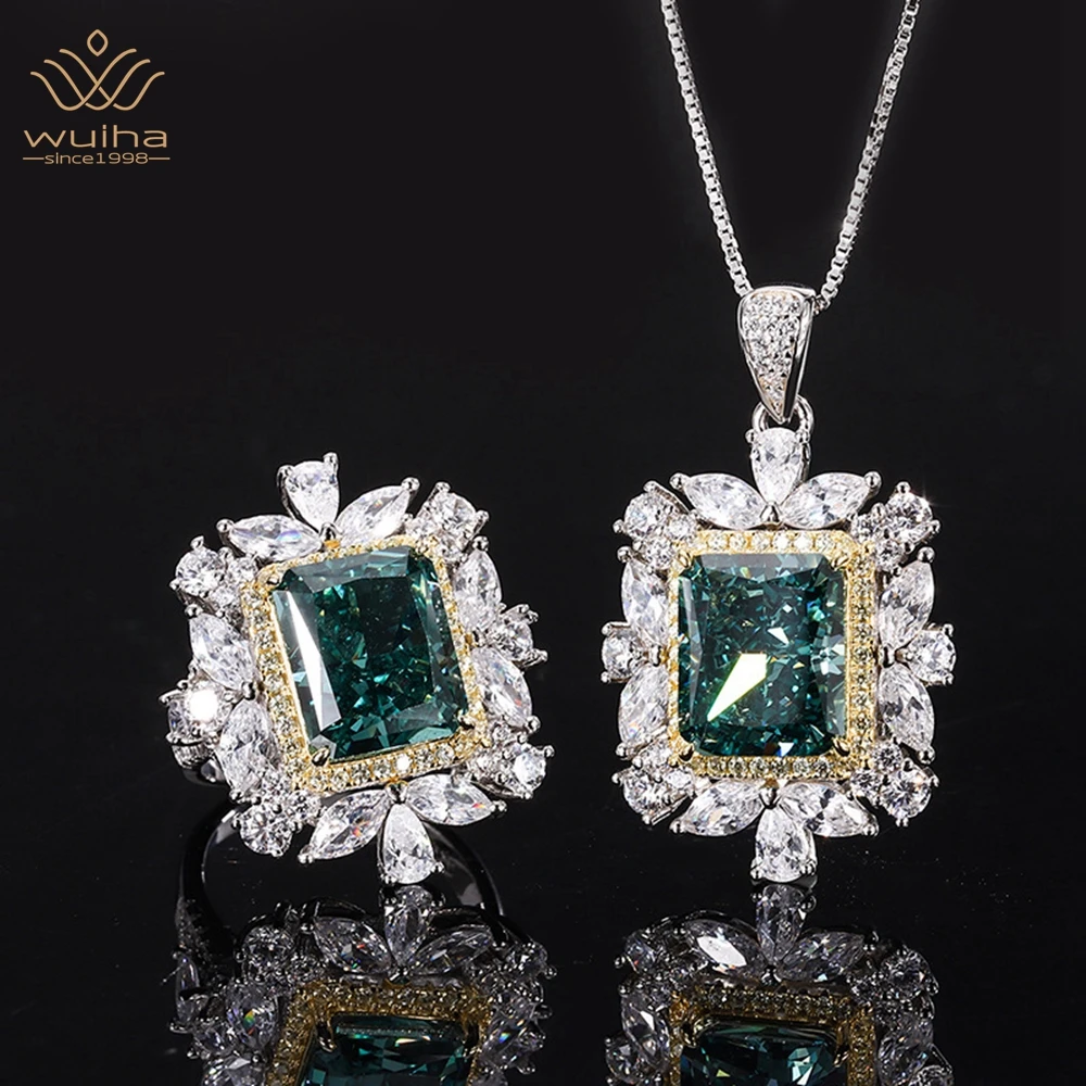 

WUIHA Luxury 925 Sterling Silver 10*12MM Emerald Faceted Gemstone Ring/Pendant/Necklace Anniversary Jewelry Set Drop Shipping