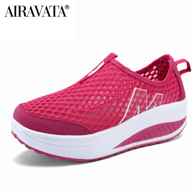 Women Casual Breathable Sneakers Lady's Shake Fitness Sport Shoes Fashion Mesh Fabric Slip-on Shoes Red