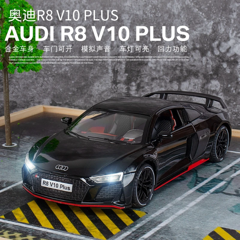 

1:24 AUDI R8 V10 Plus Car Model Alloy Sports Diecasts Metal Toy Car Model High Simulation Sound Light Collection Kids Gifts A405