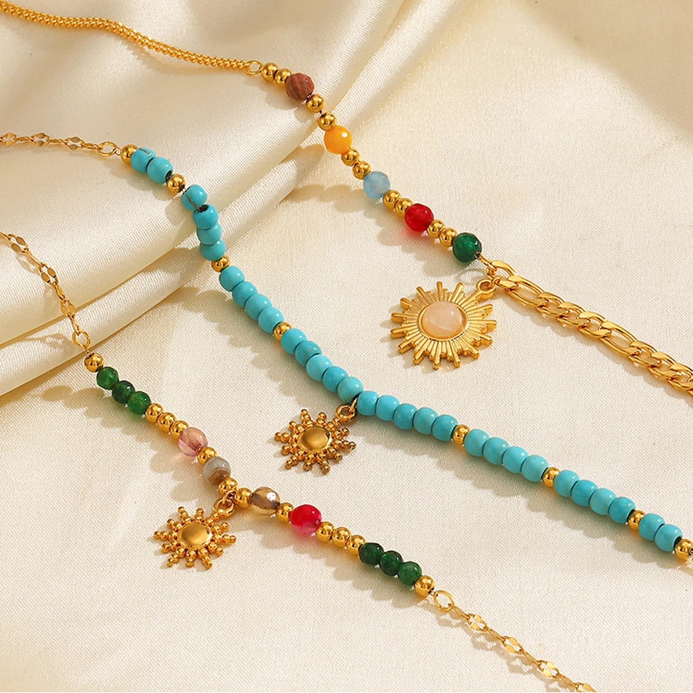 Boho Handmade Weave Beads Necklace Pink Opal Metal Sun Pendant Multicolour Beads Metal Chain Crystal Necklace Trend Jewelry 2025