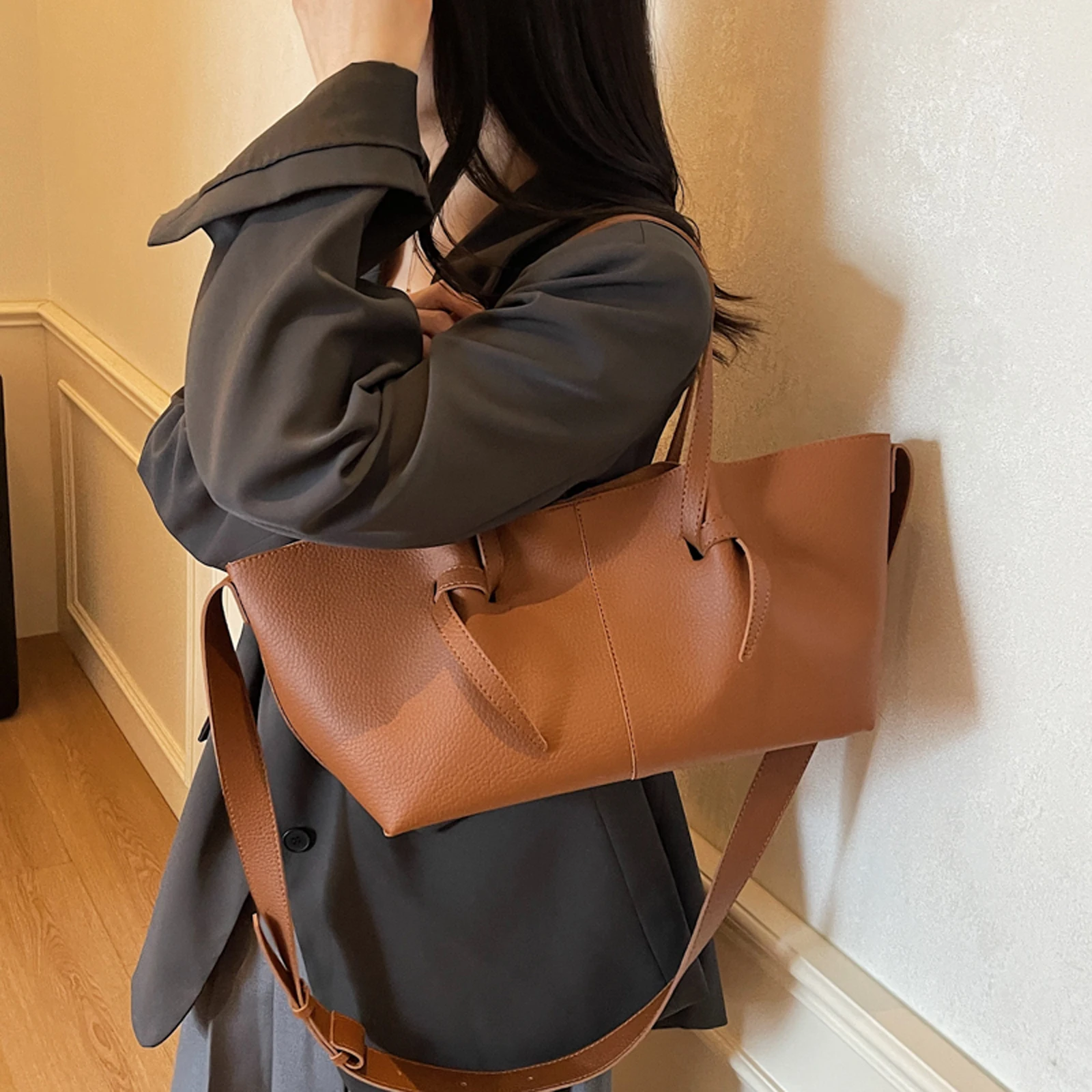 PU Leather Versatile Shoulder Bag Solid Color All-Match Tote Bag Large Capacity Trendy Sling Bag Travel Date Work Shopping Bag