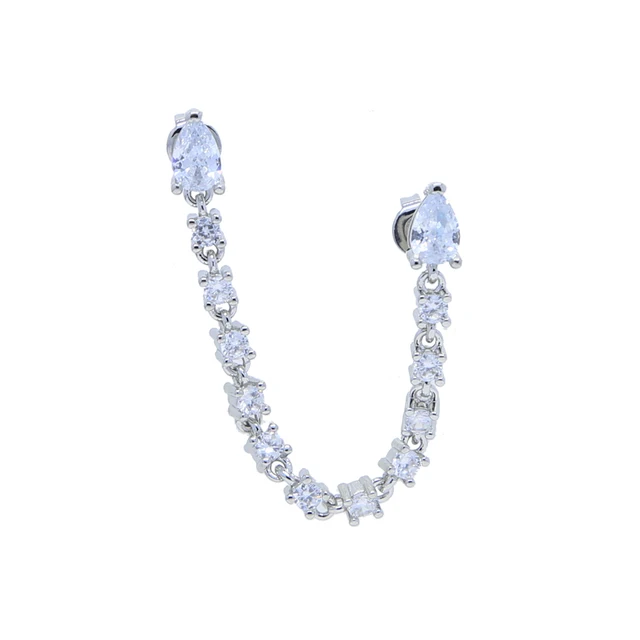 Boucles d'Oreilles Double 2 Piercing pour Femme, Goutte d'Eau, Tendance, Romantique, 5A CZ, Station Link, JoTassel, 1 Pièce