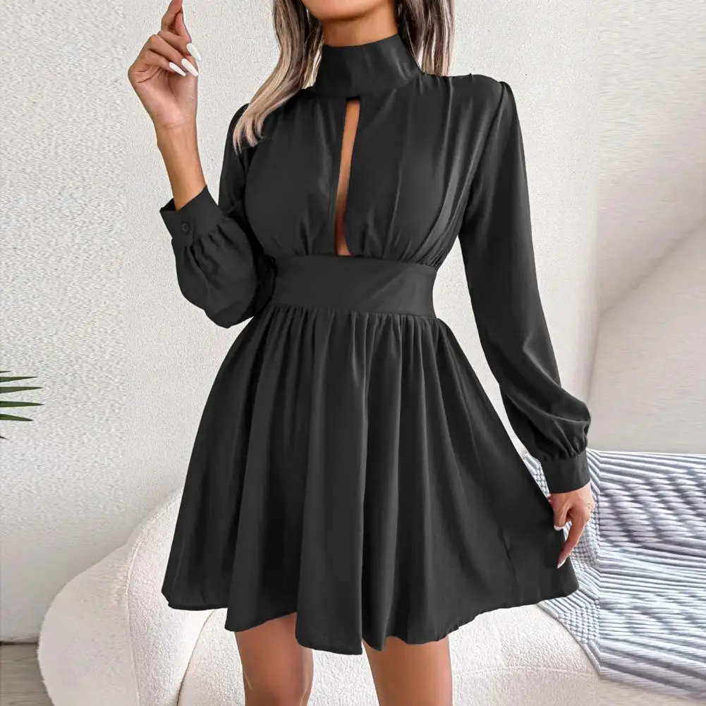 

Women Dress High Collar Hollow Out Long Sleeve Tight High Waist A-line Loose Hem Solid Color Commute Party Mini Dress
